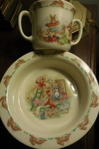 Rare Bunnykins Round Bowl &amp; Two Handled Cup 1936 Royal Doulton Wall Pape... - $33.69