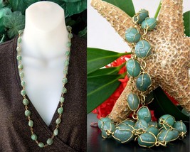 Vintage green gemstone necklace gold tone wire wrapped polished stones thumb200