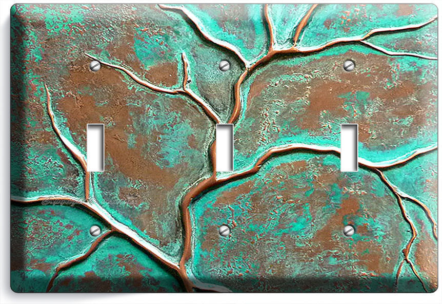 OLD RUSTED WORN OUT COPPER GREEN BRONZE PATINA TRIPLE LIGHT SWITCH WALL PLATE