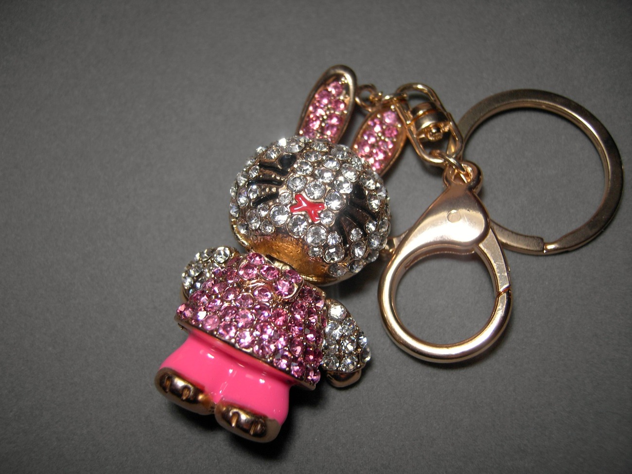 Bunny Rabbit Key Chain with Rhinestones Movable Keychain Crystals Gold
