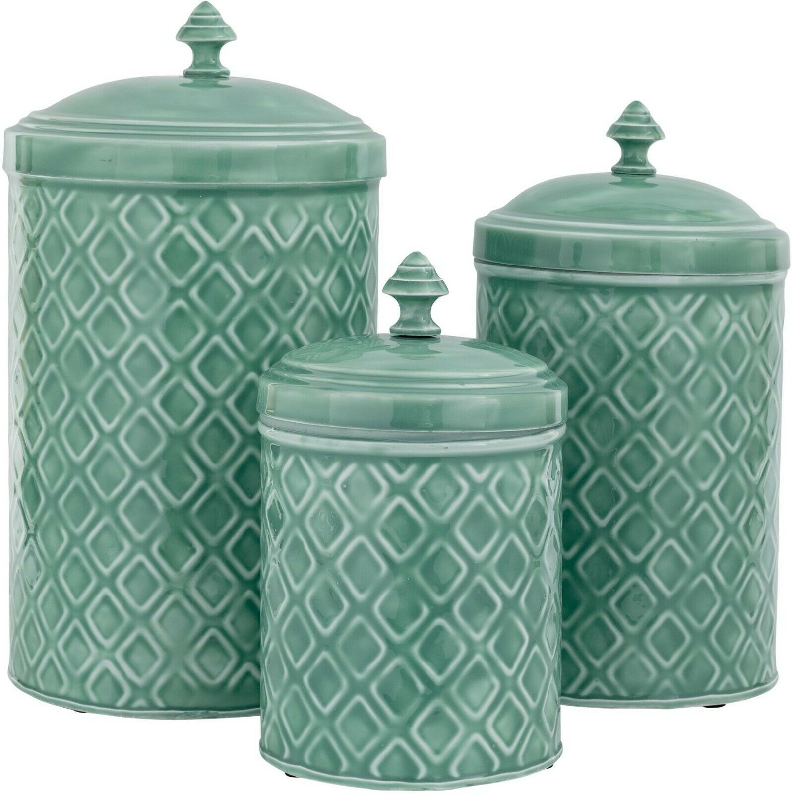 SET OF 3 SAGE GREEN EMBOSSED METAL CANISTERS LARGE/MEDIUM/SMALL