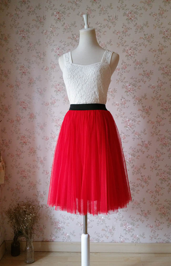 Red Elastic Waist 3 Layer Tulle Tea Length Midi Skirt, Plus Size Tulle Skirt NWT