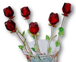 Bouquet of 6 x 12&quot; Red Glass Roses with Green Leaves, valentines mothers... - $81.99