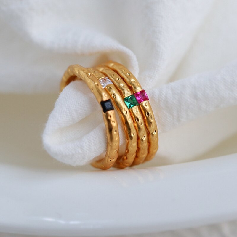 Amaiyllis 18K Gold Multi-layered Hammered Ring Fashion Retro Rainbow Zircon Gold
