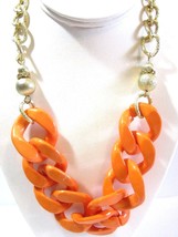 Orange Textured Gold Tone Links And Crystal Accent Contemporary Flashy Necklace - $15.00