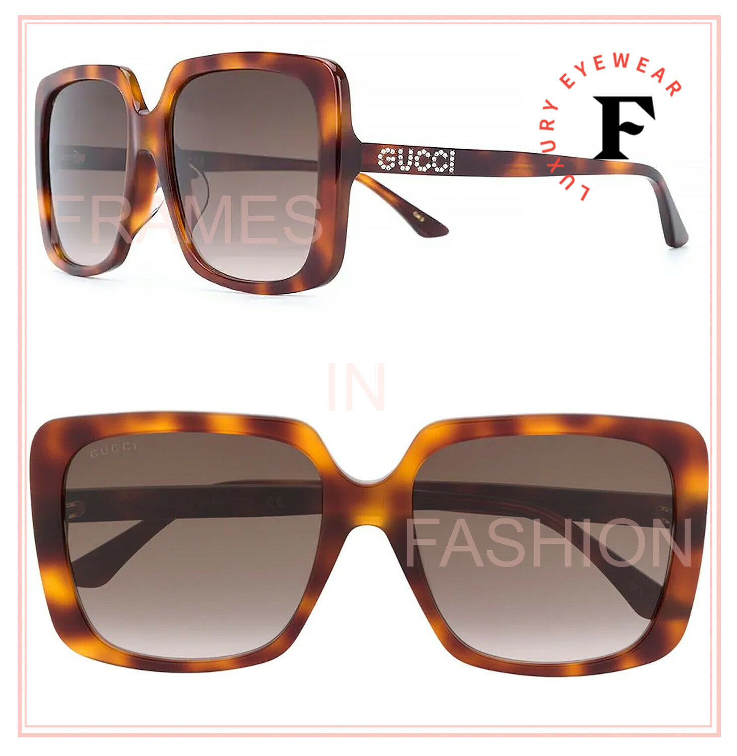 GUCCI 0728 Brown Crystal Stud Logo Oversized Sunglasses GG0728SA Authentic 002