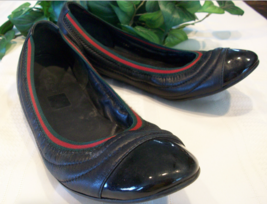 Gucci Leather Ballet Flats Shoes 38.5 Italy Black Web Accent COA A4U - $109.00