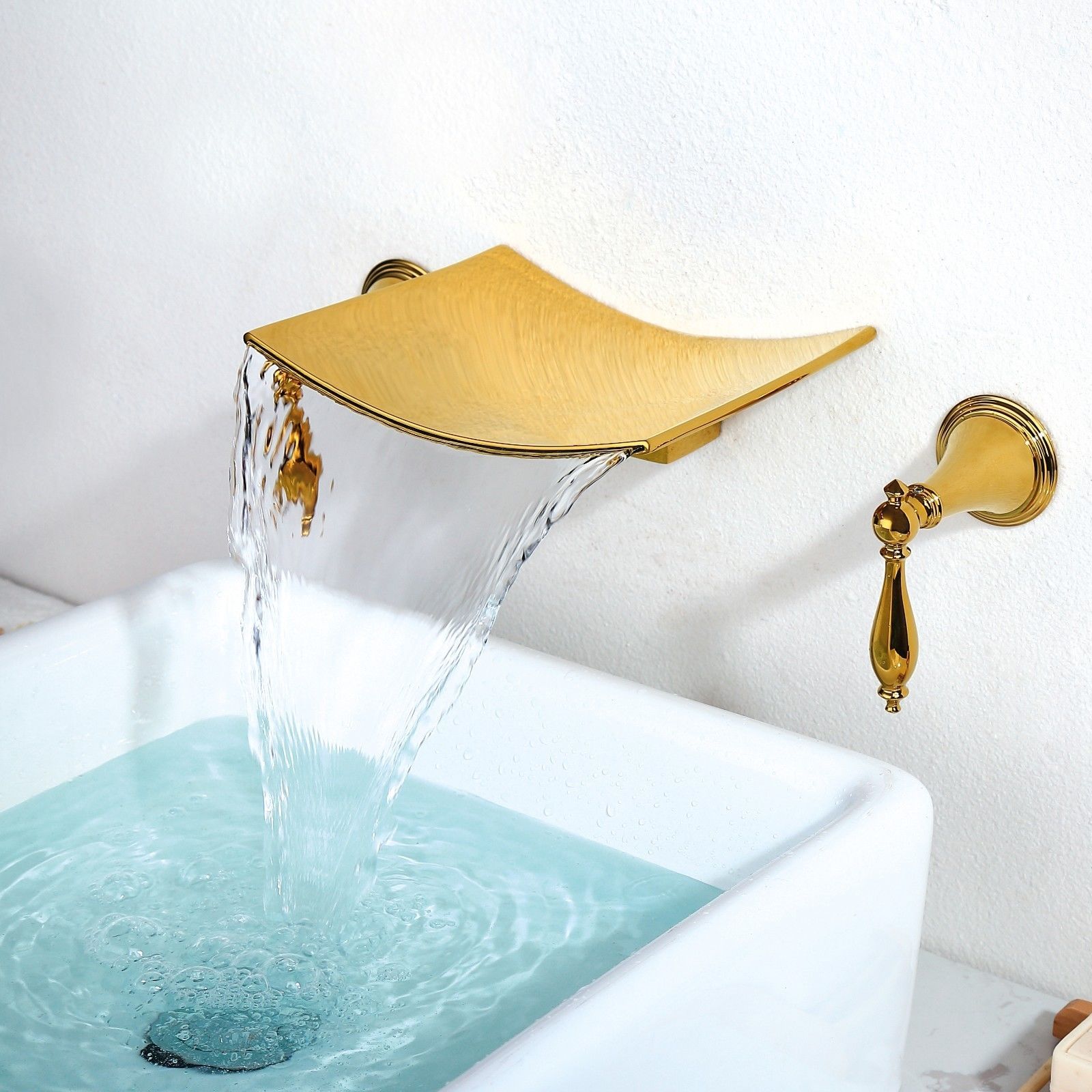 Ti-PVD Gold Waterfall Wall Mount Bathroom Bath Basin Sink Faucet mixer ...