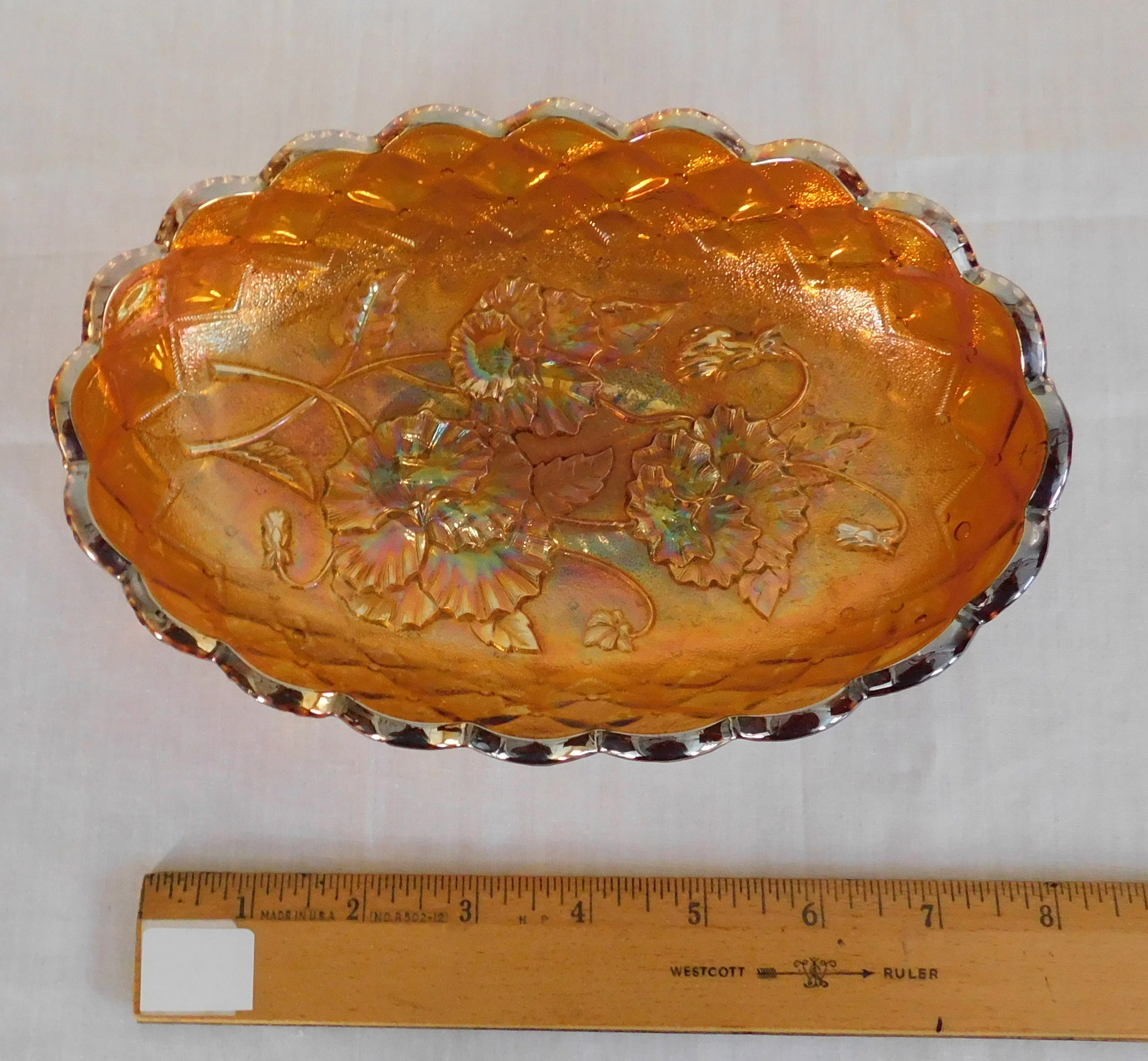 Imperial Glass Quilted Pansy Marigold Iridescent Carnival Pickle Relish Bowl Dishes 5896