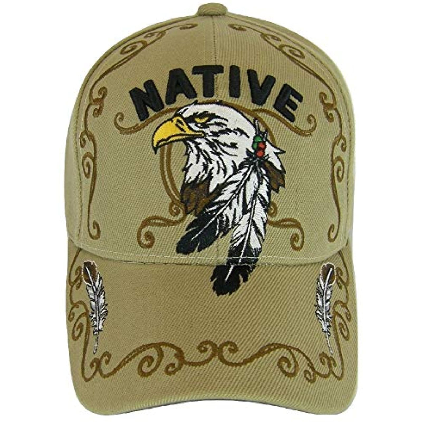 Native Pride Eagle Adjustable Baseball Cap with Feathers and Swirls (Khaki)