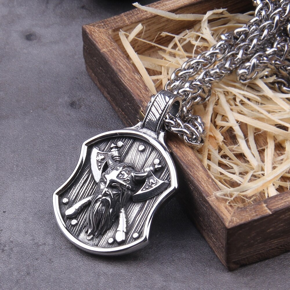 Warrior with viking ax on viking Shield Stainless Steel Pendant Necklace for Men