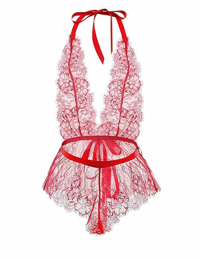 Sexy Women Open Back Halter Deep V Eyelash Lace Teddy Bodysuit Lingerie Small Sleepwear And Robes 