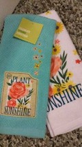 2 Towels Kitchen Dish Hand Plant Sunshine Flowers Applique Garden Turquo... - $12.74