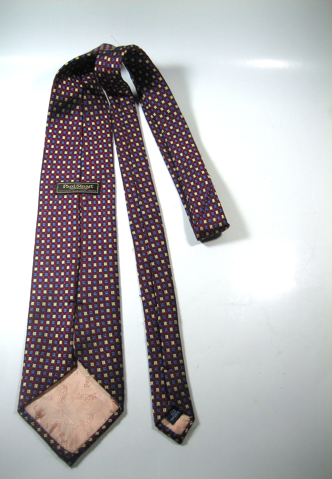 PAUL STUART Burgundy Navy Beige Geometric Tie 100% Silk RARE - Ties