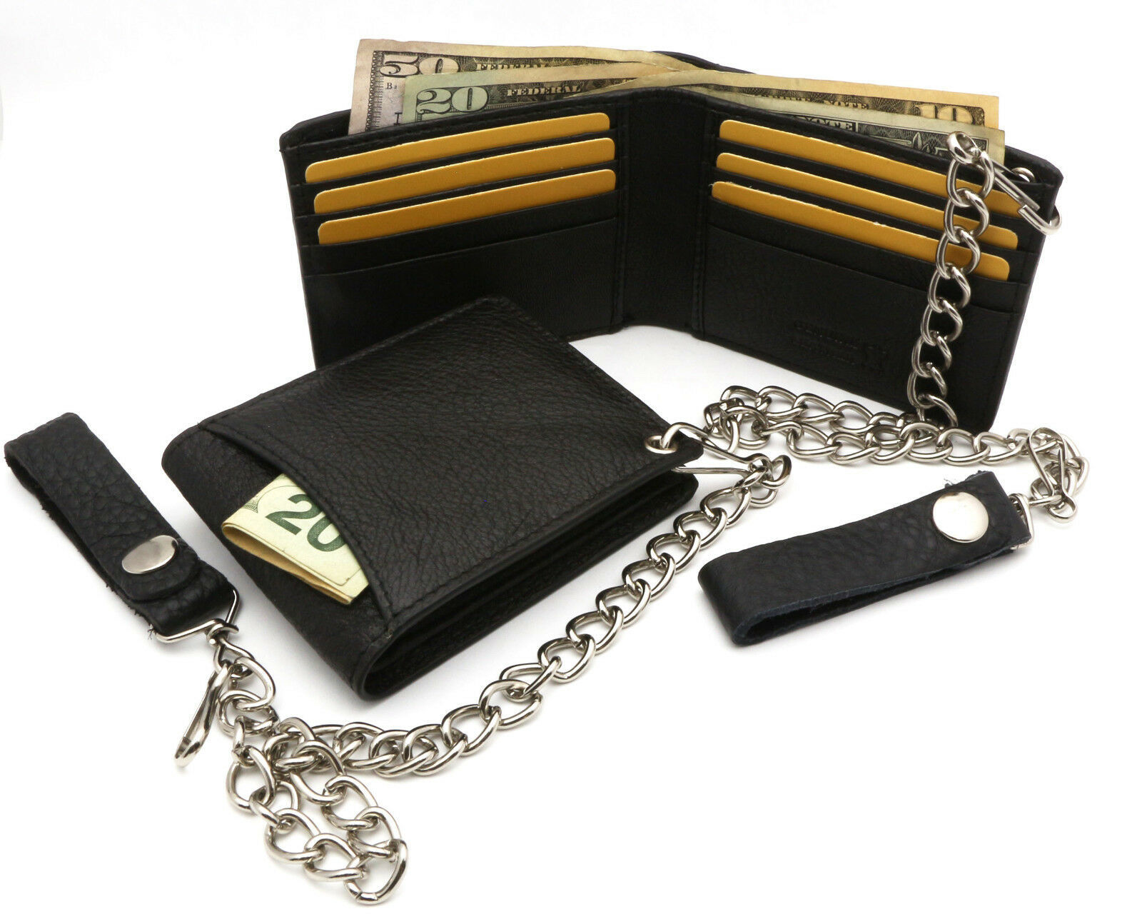 Bifold Black Genuine Leather Wallet with Scale Texture Design with a Chain - Wallets