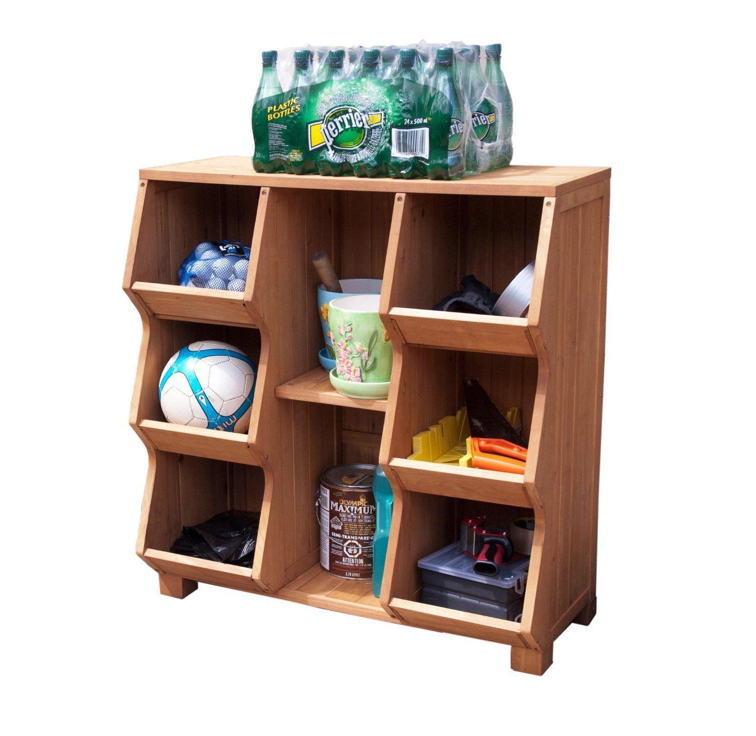 wood toy storage with bins