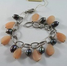 .925 RHODIUM SILVER BRACELET WITH ROSE JADE AND GRAY PEARLS image 1