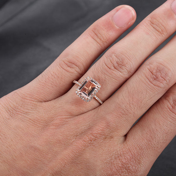 Emerald Cut Morganite Engagement Ring Pave Diamond Halo 14k Rose Gold