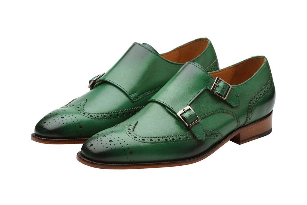 New Green Men's Monk Double Buckle Straps Wing Tip Brogues Toe Real Leather Sho