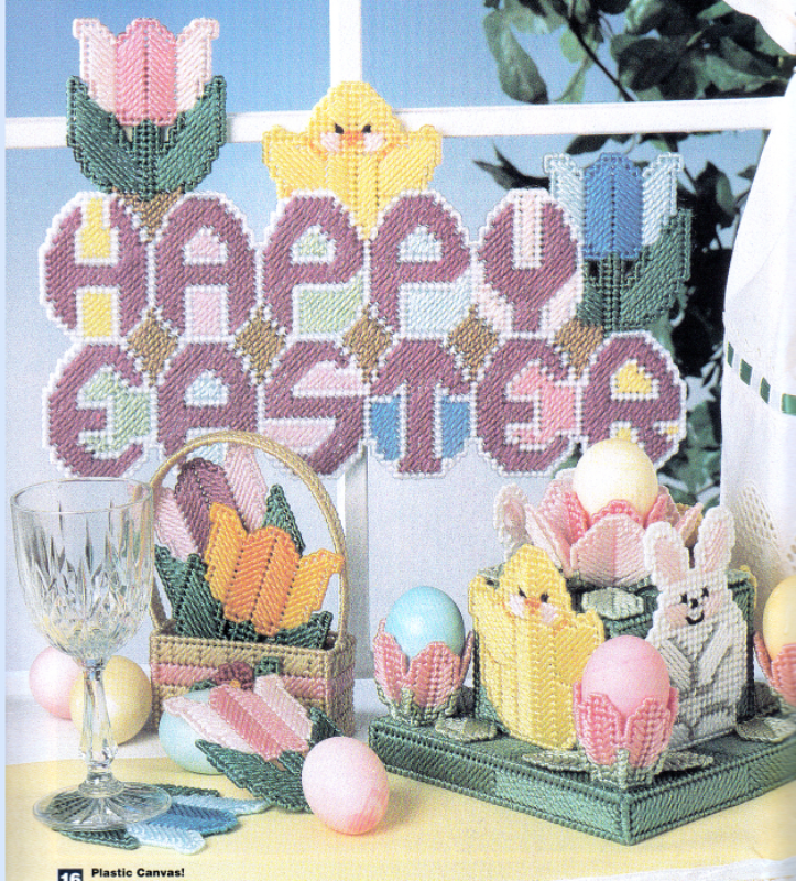 plastic-canvas-magazine-37-easter-sign-bunny-basket-tulip-coasters-in-basket-needlepoint