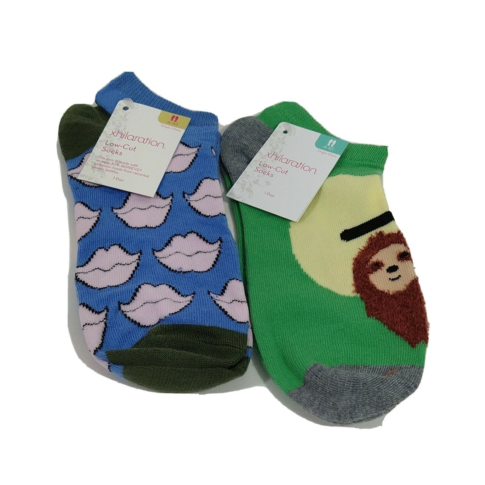 Lot of 2 Xhilaration Ankle Low Cut Socks Women Socks Size 4-10 Lips Sloth NEW