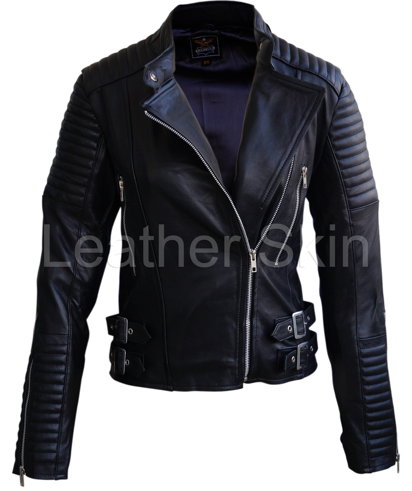 Leather Skin Women Black Brando Shoulder Sleeve Padded Genuine Leather ...