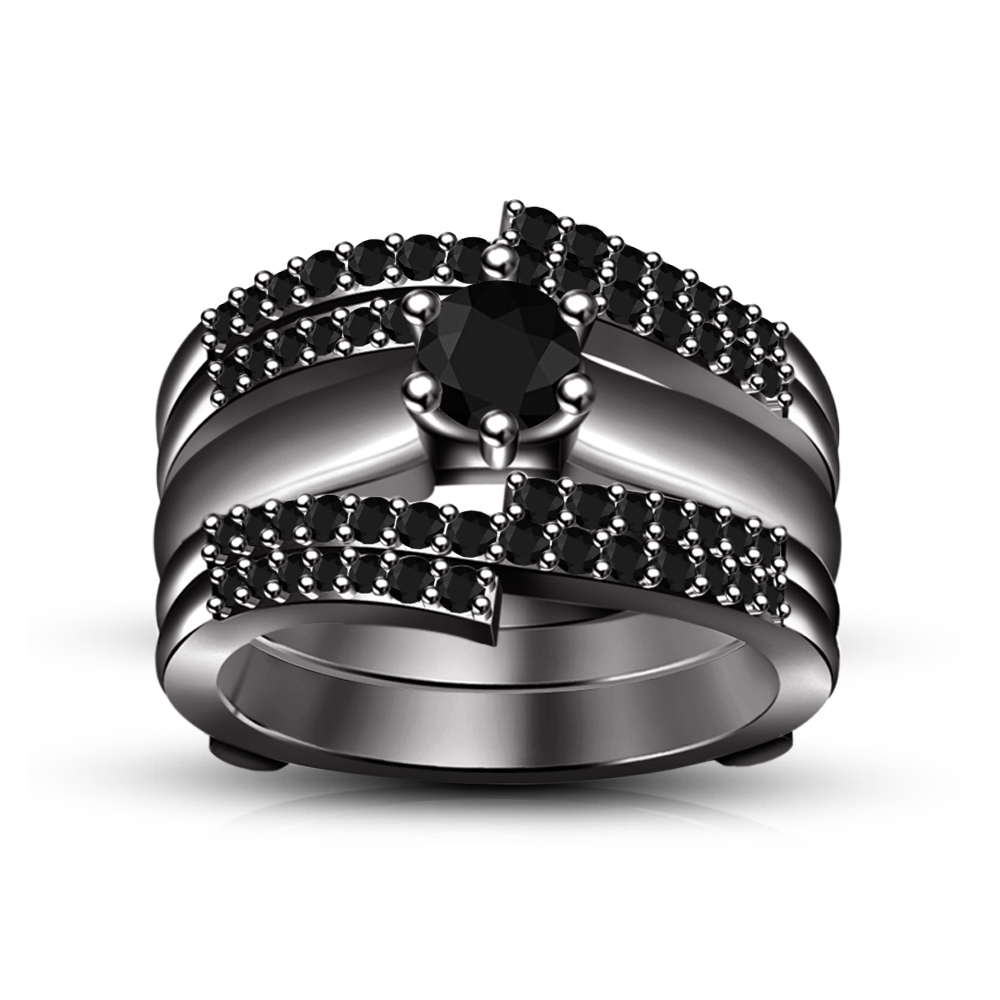 Black CZ Ring Guard Wrap Black Gold Solitaire Wrap Bridal Set & Free