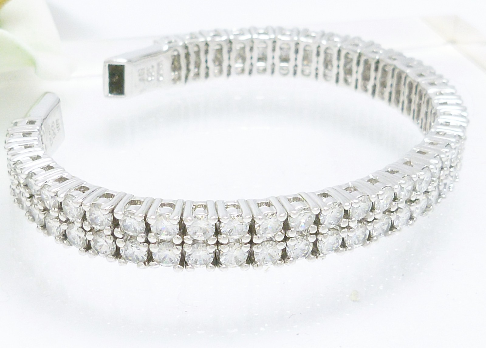 Sterling Silver Double Row Tennis Cuff Bracelet Simulated Diamonds
