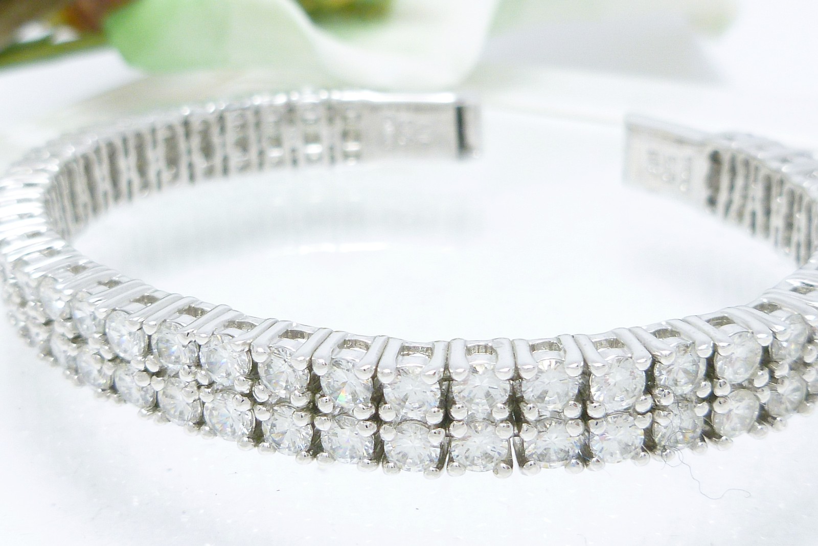 Sterling Silver Double Row Tennis Cuff Bracelet Simulated Diamonds