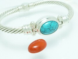 Sterling Changeable Turquoise Red Coral Gemstone Bangle Bracelet Small W... - $109.00