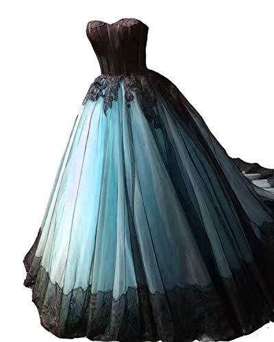 Kivary Vintage Black Lace Tulle Ball Gown Gothic Long Prom Wedding Dress Sky Blu