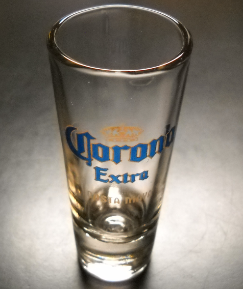 CORONA EXTRA BEER LOGO ON A CLEAR SHOT GLASS 