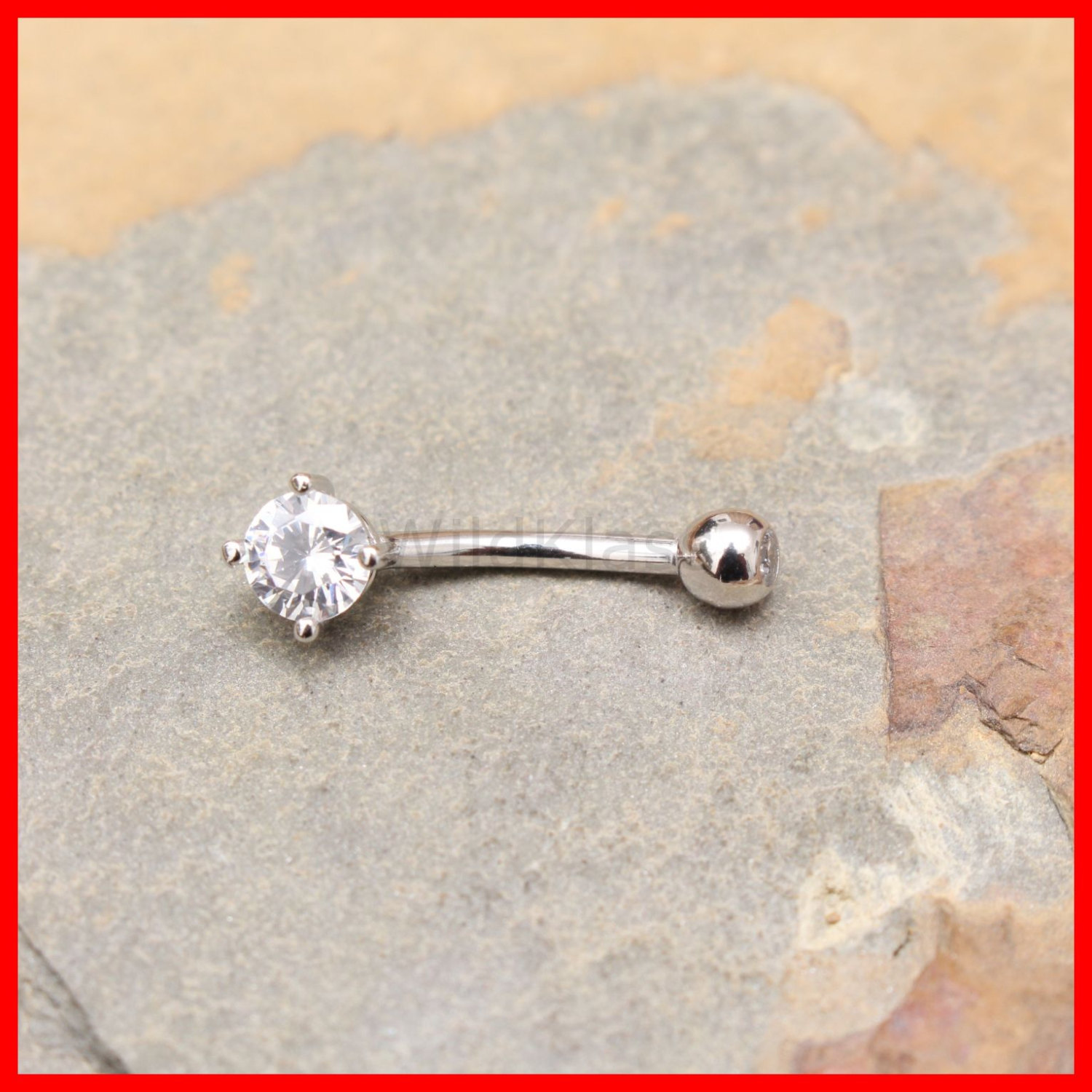 14k White Gold Ring 14g Navel Ring Prong Set CZ Solid Gold Belly Button