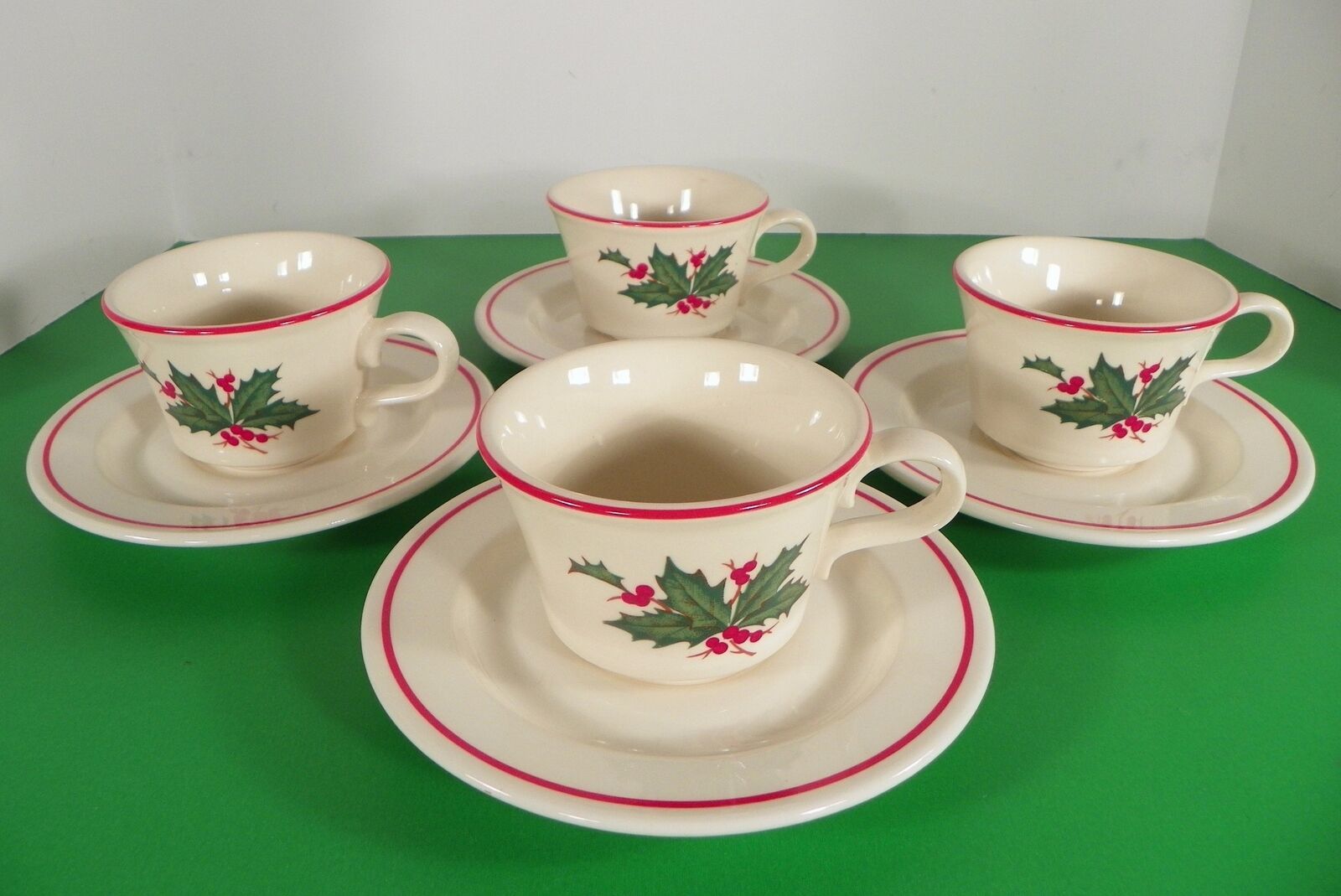 Anchor Hocking HOLIDAY WREATH Ironstone Cup and Saucer (s) LOT OF 4 Christmas - $24.70