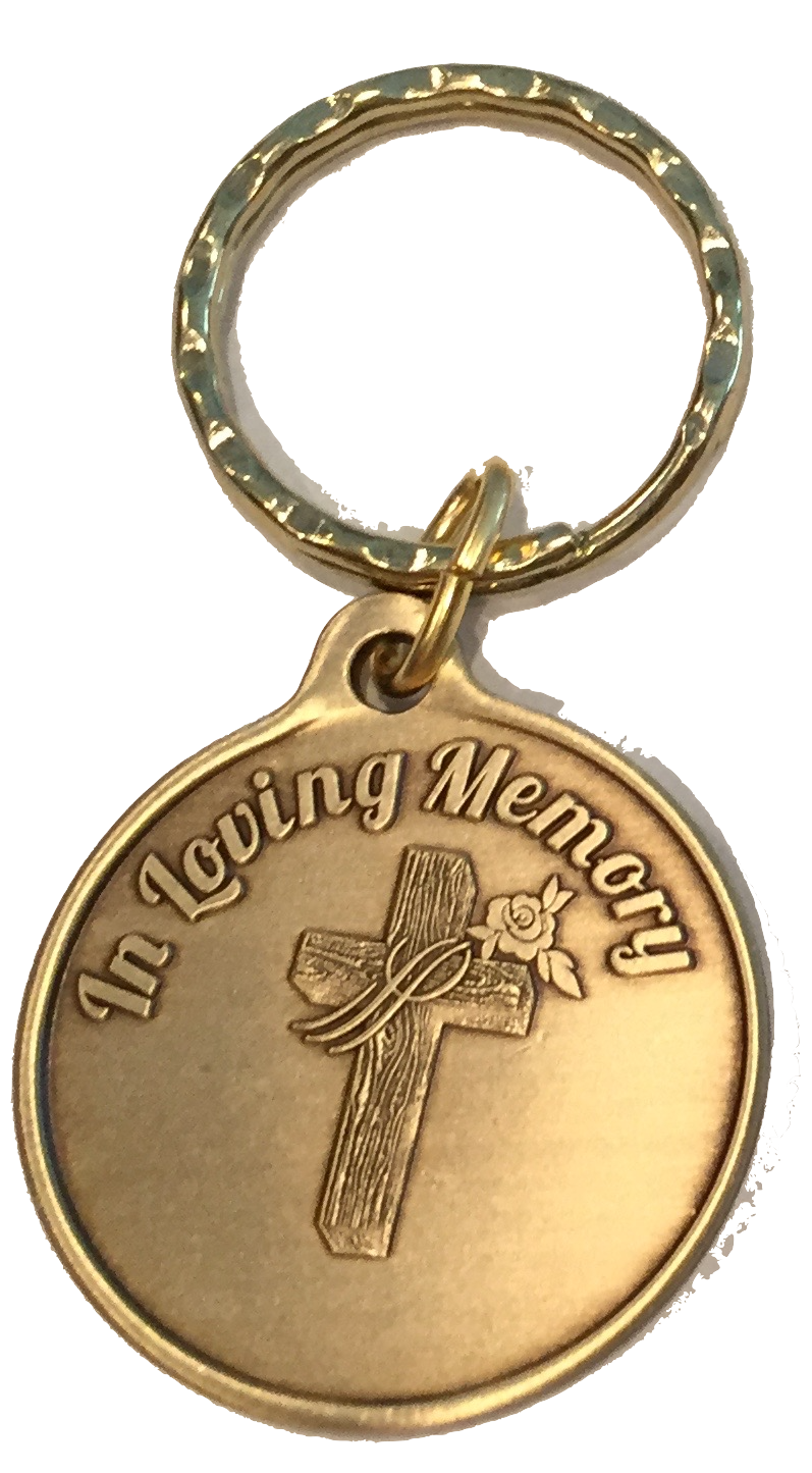 In Loving Memory Cross Rose Bronze Memorial Keychain Gift Coin Chip