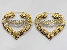 Personalized 14k Gold Overlay Any Name hoop Earrings Heart Bamboo 3 inch - $39.99