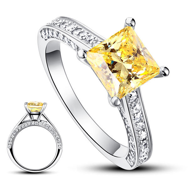 1.5 Carat Princess Cut Yellow Canary Created Diamond 925 Silver Wedding Ring