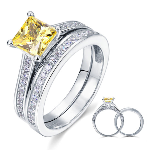 1.5 Carat Princess Cut Yellow Canary Created Diamond 925 Silver Wedding Ring Set