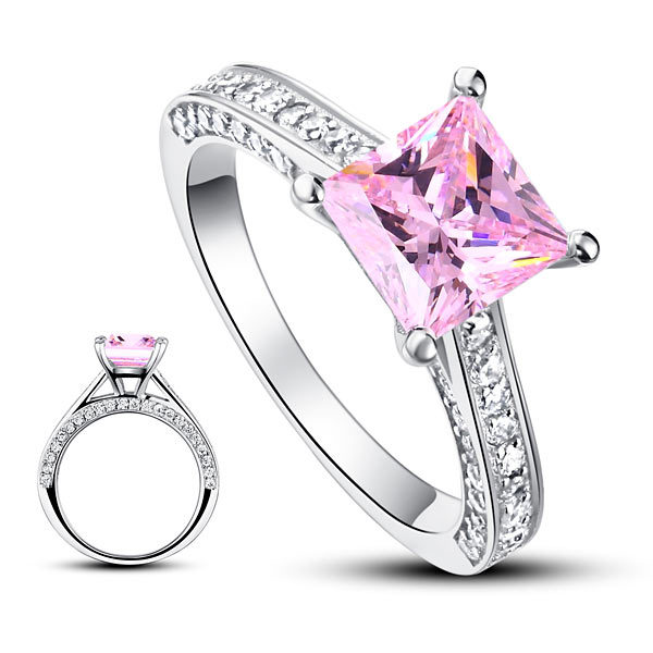 1.5 Carat Princess Cut Fancy Pink Created Diamond 925 Silver Wedding Ring