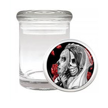 Sugar Skull D4 Odorless Air Tight Medical Glass Jar Container Day Of The Dead - $12.95
