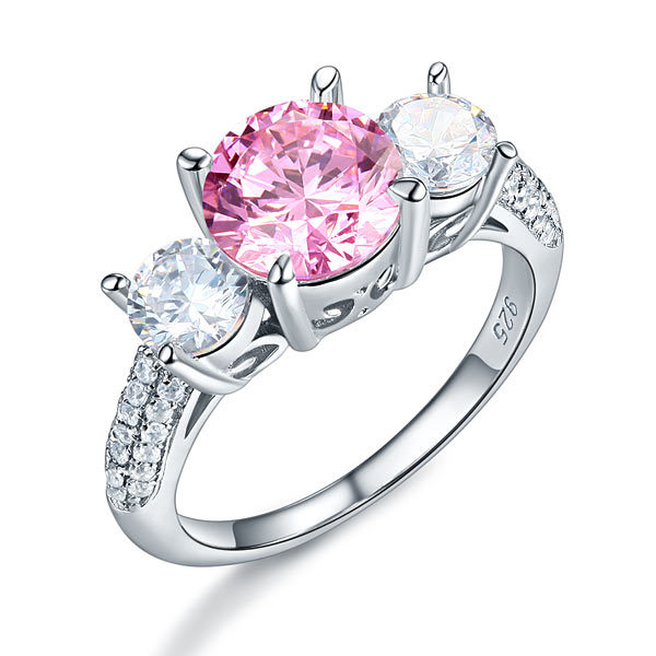 925 Sterling Silver 3-Stone Ring 2 Carat Created Fancy Pink Vintage Style