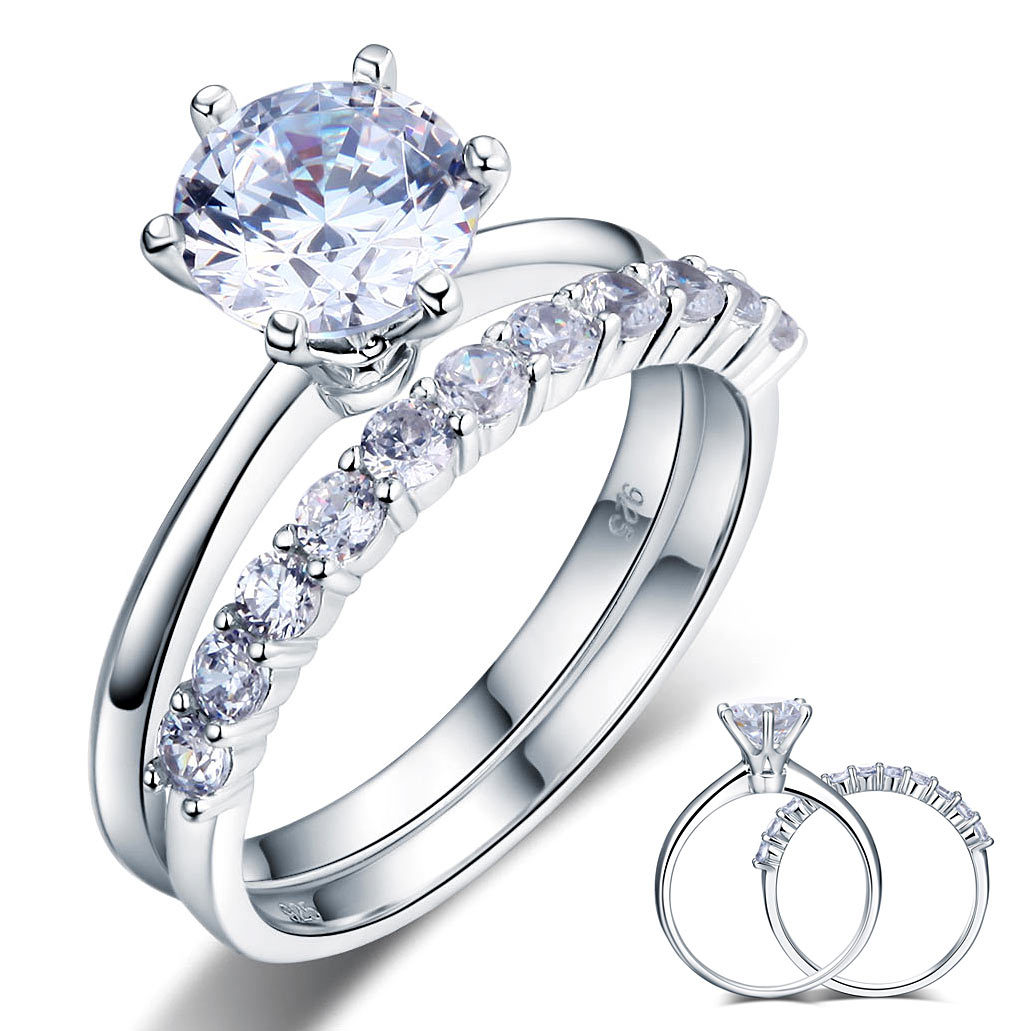 Sterling Silver Wedding Engagement Ring Set 2 Carat Man Made Lab Created Diamond