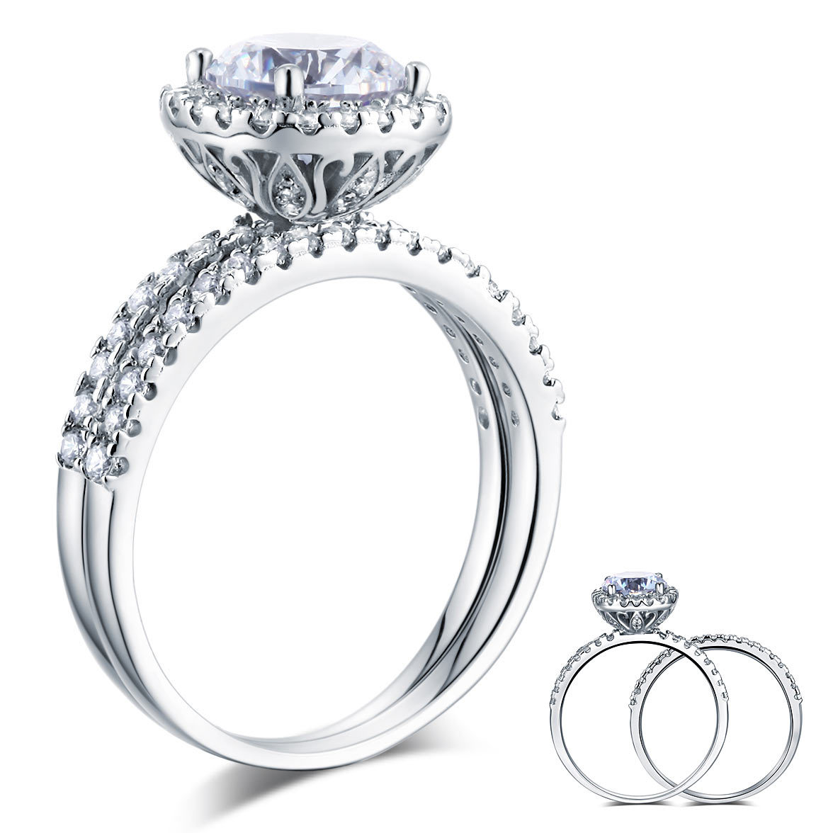 925 Sterling Silver Wedding Engagement Halo Ring Set 2 Carat Lab Created Diamond