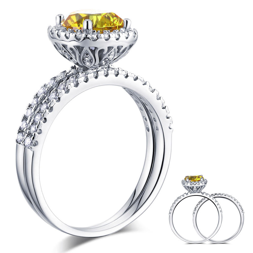 925 Sterling Silver Engagement Halo Ring Set 2 Ct Yellow Canary Man Made Diamond
