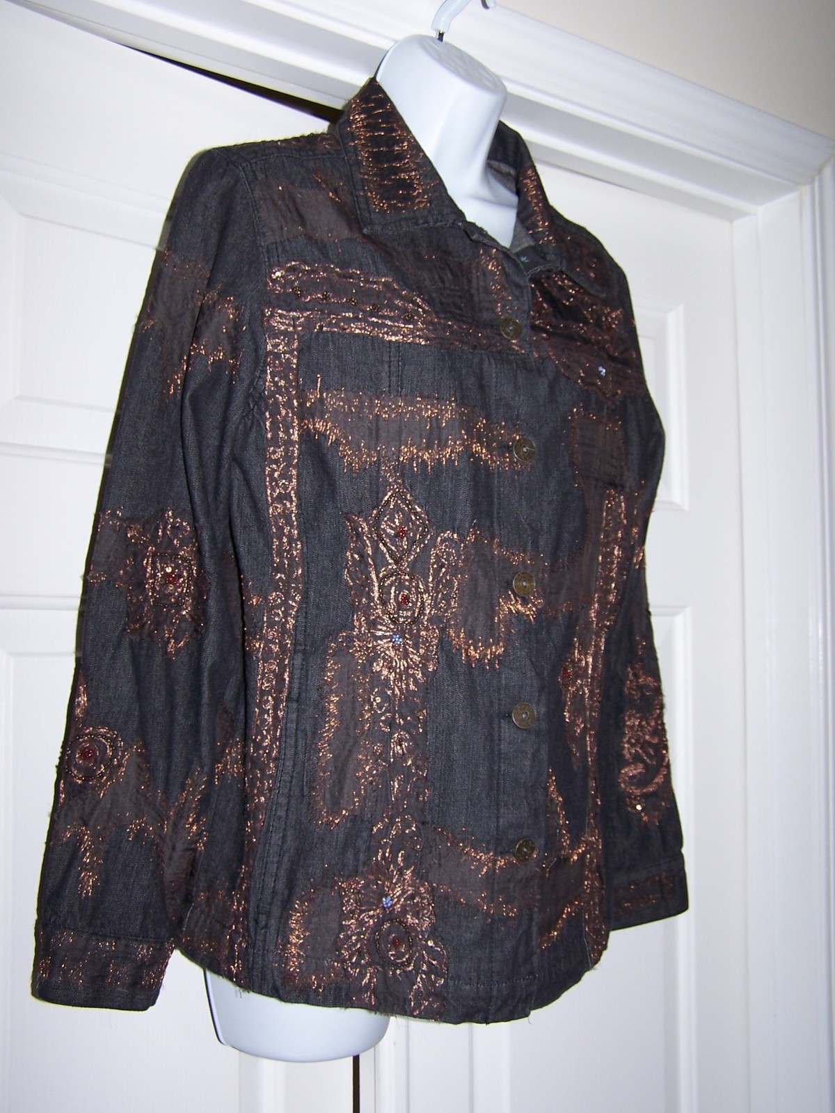 Chico's Women's Denim Jacket Size 1 Black Embroidered Sequins Long ...