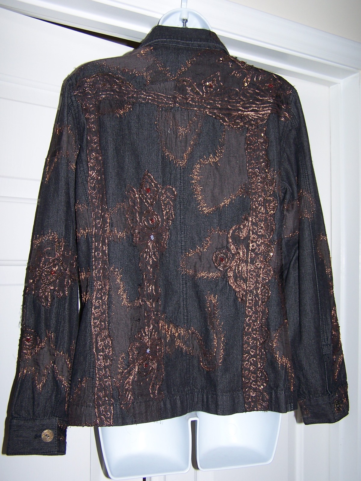 Chico's Women's Denim Jacket Size 1 Black Embroidered Sequins Long ...
