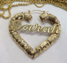 Personalized 14k Gold Overlay Any Name heart hoop Earrings Bamboo Earrings 3"  - $39.99