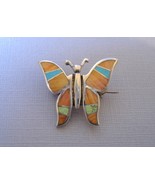 Sunrise Inlay Butterfly Pin Brooch Orange Spiney Turquoise Sterling Silver - £193.21 GBP