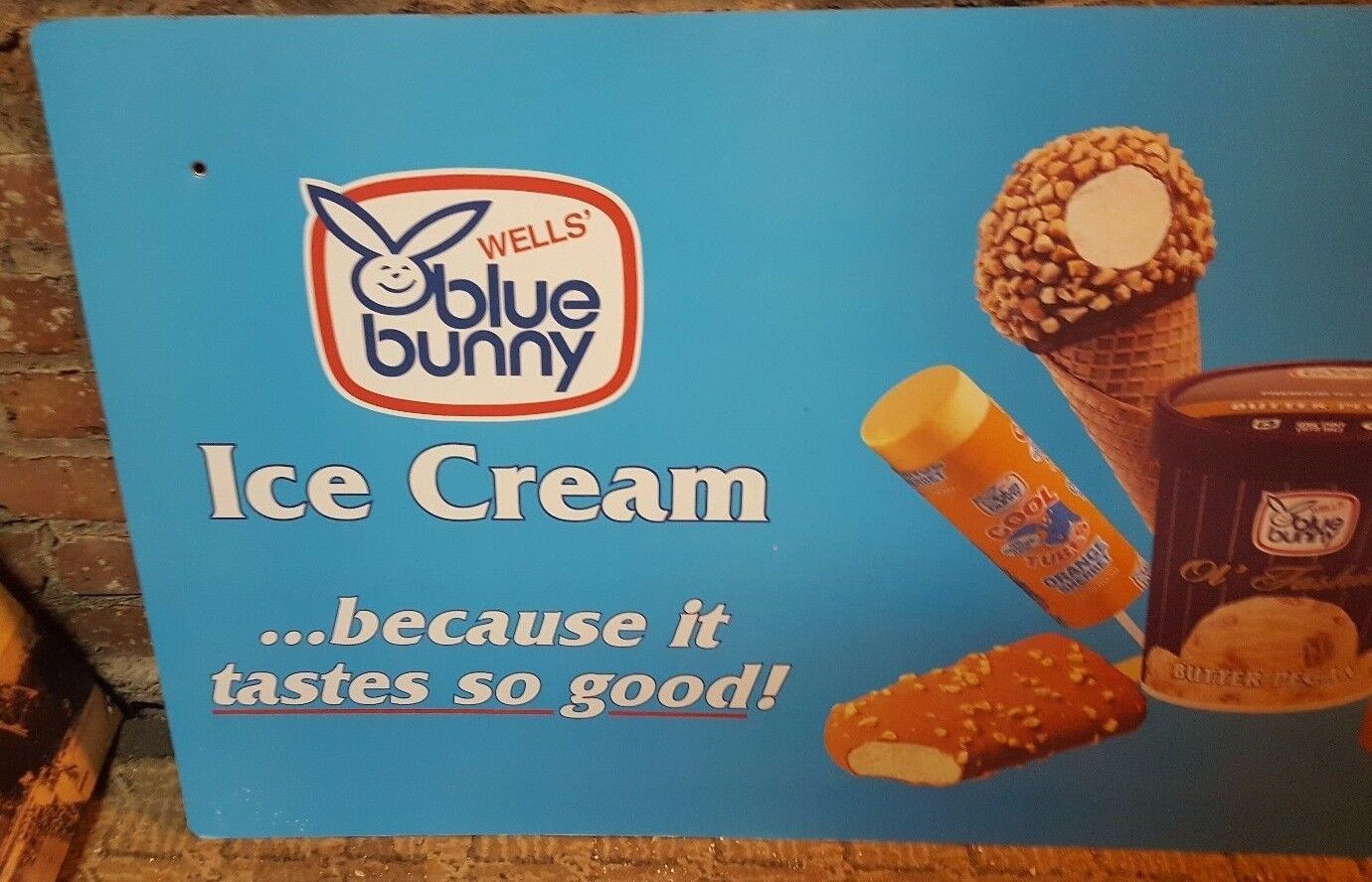 1990's Cardboard 21" X 39.5" WELLS BLUE BUNNY Advertising Sign DOUBLE