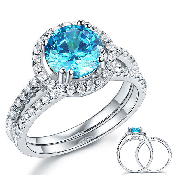 925 Sterling Silver Engagement Halo Ring Set 2 Carat Blue Created Diamond